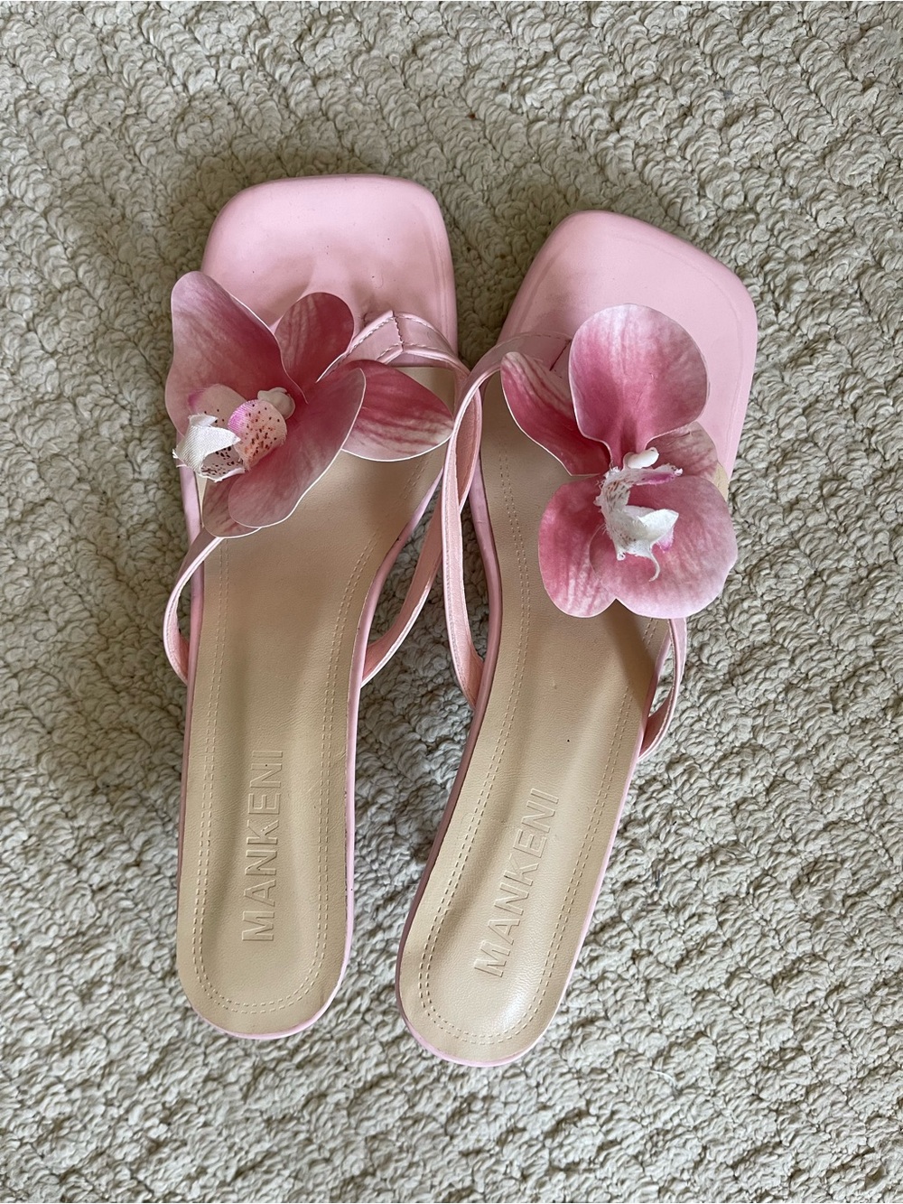 Mankani Pink Orchid Floral Slide Sandals with short heel size 11 or EU 42.